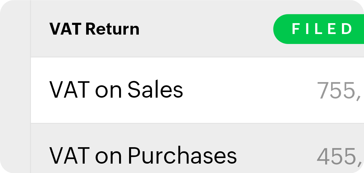 VAT201 report, marked as filed, with total input tax and total output tax listed